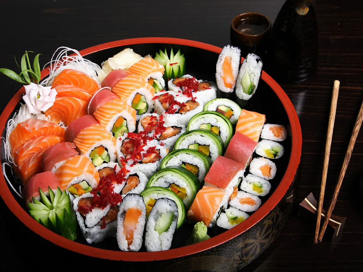 A large platter filled with various types of sushi at Senjyu House, a Japanese Restaurant in Scottsboro.