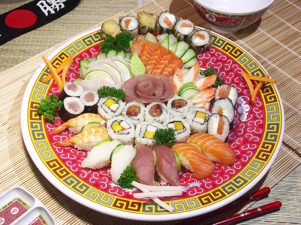 A vibrant plate of assorted sushi rolls and nigiri at Senjyu House, a Japanese Restaurant in Scottsboro.